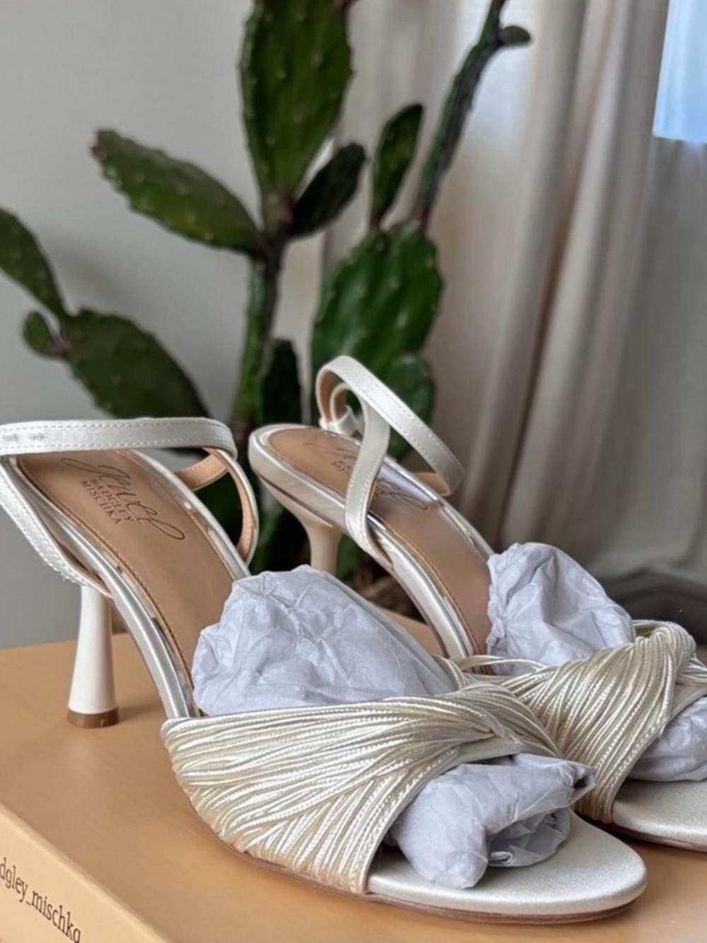 Badgley Mischka Pearl Ivory Satin Twist-Strap Heels